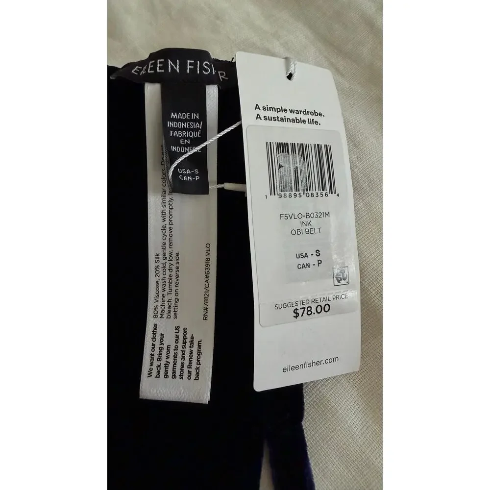 Eileen Fisher Velvet Wrap Belt Navy Blue Silk Blend Obi Sash Size S NWT $78